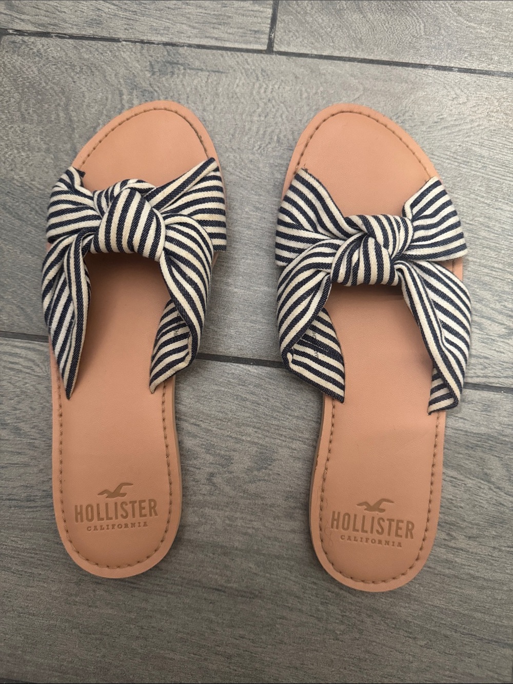 Hollister Women's Blush Slide Sandals with Navy Stripe Bow